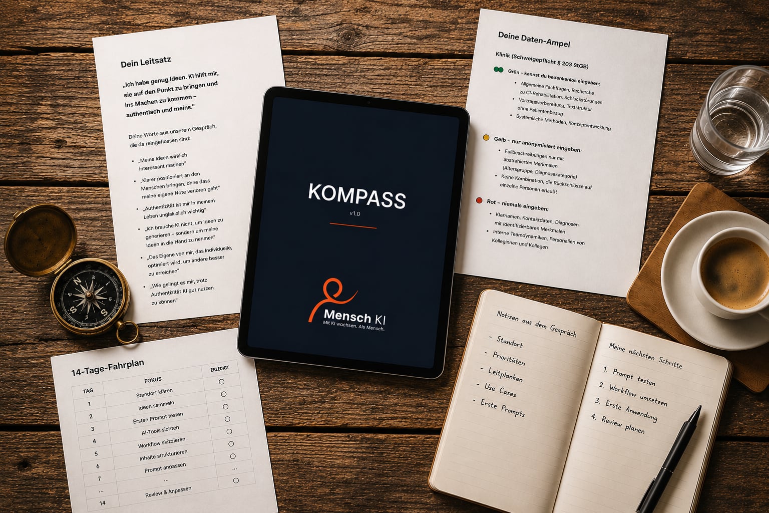 Beispiel eines Kompass-Dokuments auf dem Schreibtisch