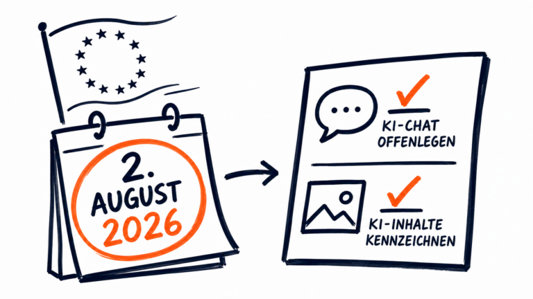 Skizze zum EU AI Act: Europa-Flagge über einem Kalenderblatt mit dem 2. August 2026, orange umkringelt, daneben eine Checkliste mit zwei abgehakten Pflichten, KI-Chat offenlegen und KI-Inhalte kennzeichnen