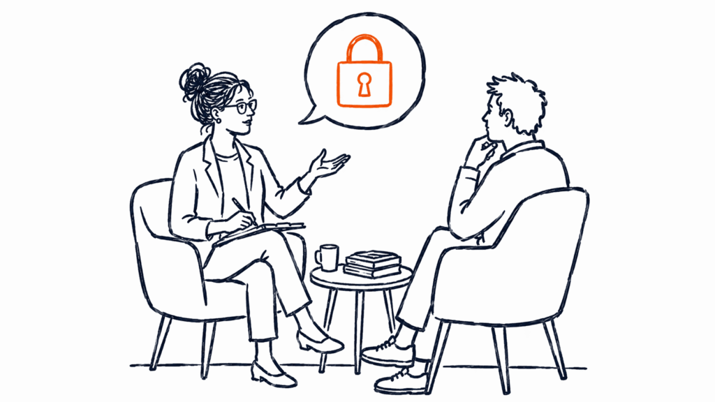 Skizze: Coaching-Gespräch, die Beraterin spricht mit einem Schloss-Symbol in der Sprechblase