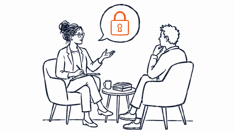 Skizze: Coaching-Gespräch, die Beraterin spricht mit einem Schloss-Symbol in der Sprechblase
